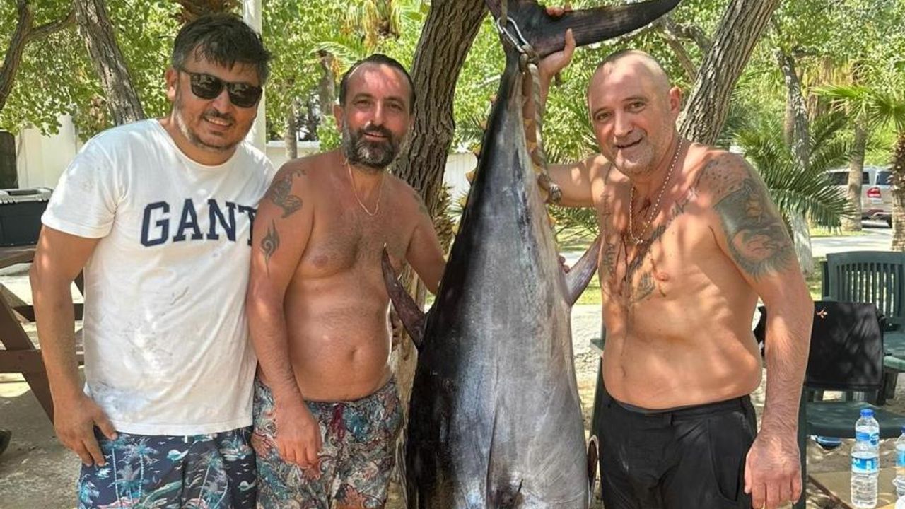 Mersin'de oltalarına 160 kiloluk orkinos takılan amatör balıkçılar zor anlar yaşadı